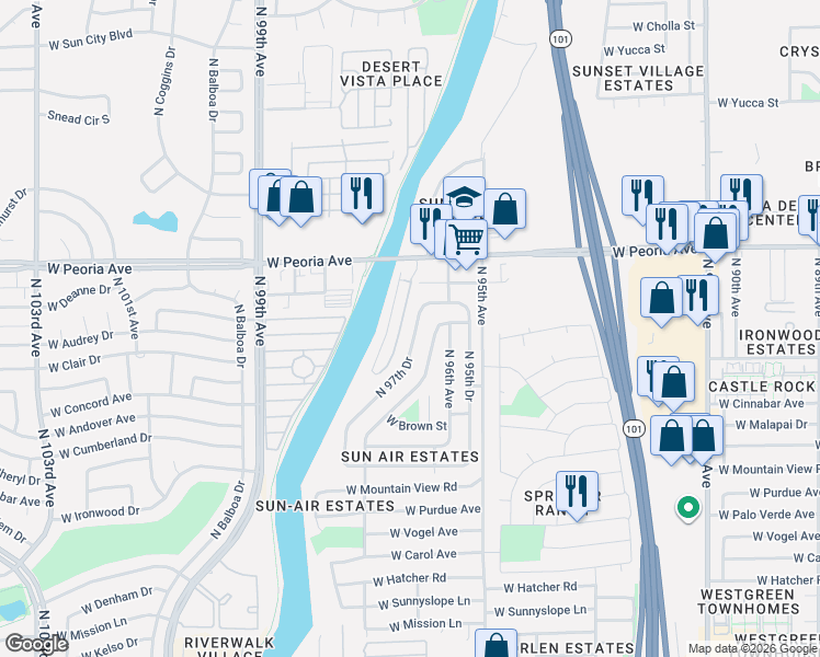 map of restaurants, bars, coffee shops, grocery stores, and more near 10220 North 97th Avenue in Peoria