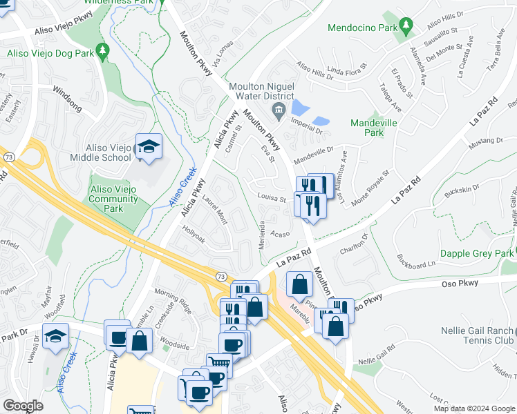 map of restaurants, bars, coffee shops, grocery stores, and more near 24342 Berrendo in Laguna Hills