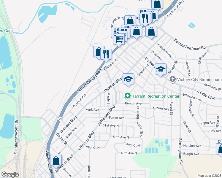 map of restaurants, bars, coffee shops, grocery stores, and more near 1260 Elm Avenue in Birmingham