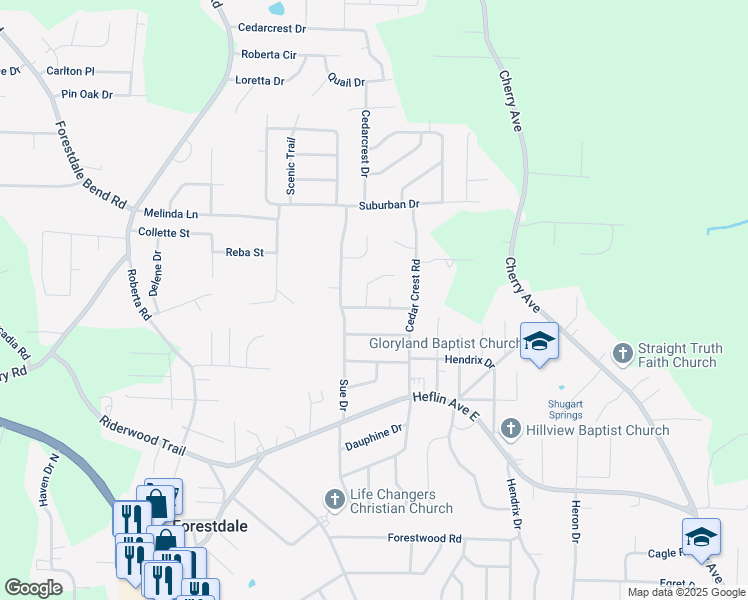 map of restaurants, bars, coffee shops, grocery stores, and more near 717 Cherry Hill Drive in Birmingham