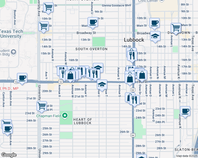 map of restaurants, bars, coffee shops, grocery stores, and more near 2004 19th Street in Lubbock