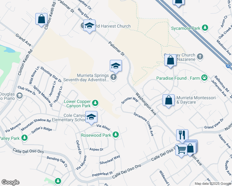 map of restaurants, bars, coffee shops, grocery stores, and more near 23527 Western Goldenrod Street in Murrieta