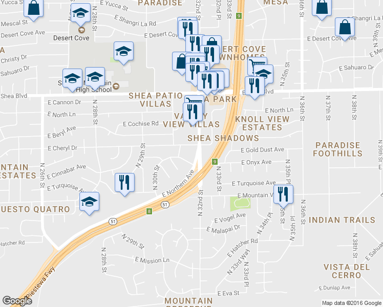 map of restaurants, bars, coffee shops, grocery stores, and more near 10030 North 32nd Street in Phoenix