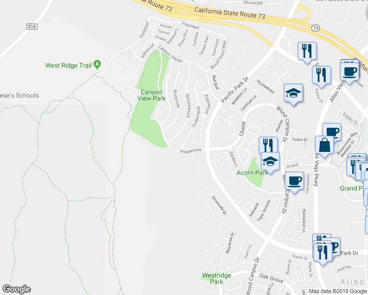 map of restaurants, bars, coffee shops, grocery stores, and more near 19 Vista Del Cerro in Aliso Viejo