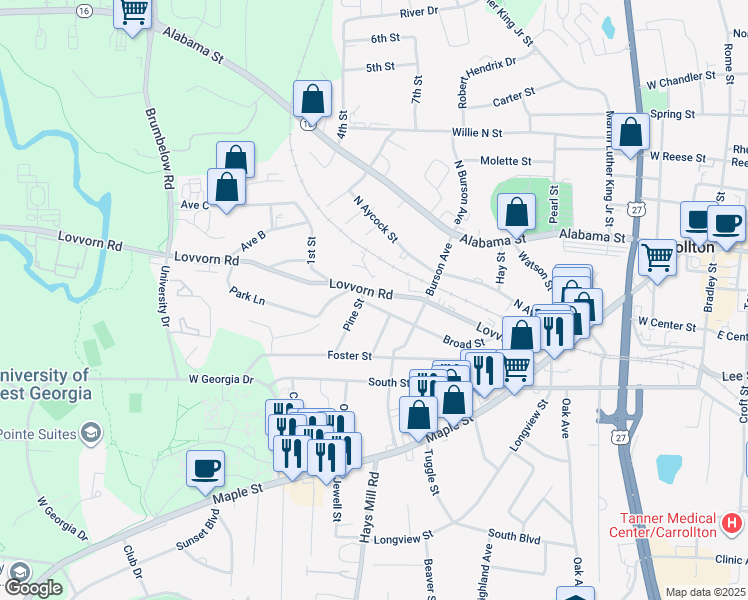 map of restaurants, bars, coffee shops, grocery stores, and more near 415 Broad Street in Carrollton