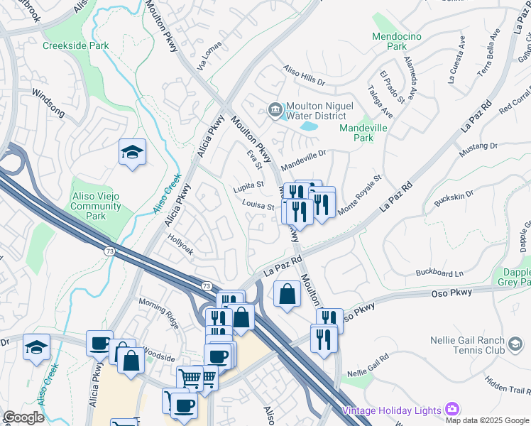 map of restaurants, bars, coffee shops, grocery stores, and more near 24342 Andrea Street in Laguna Hills