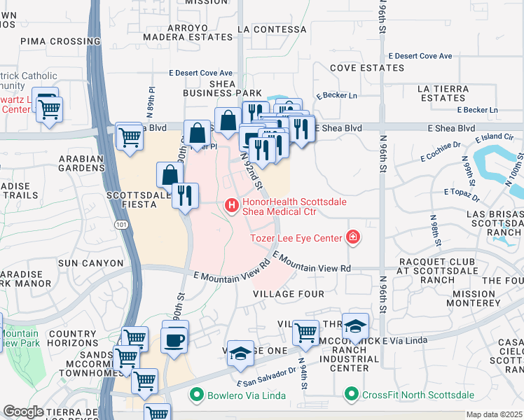 map of restaurants, bars, coffee shops, grocery stores, and more near 10200 North 92nd Street in Scottsdale