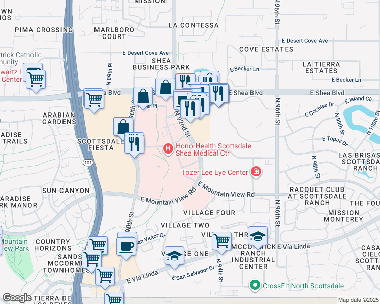map of restaurants, bars, coffee shops, grocery stores, and more near 10200 North 92nd Street in Scottsdale