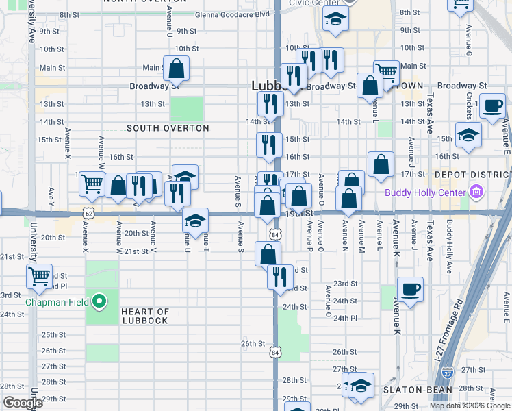 map of restaurants, bars, coffee shops, grocery stores, and more near 1708 18th Street in Lubbock