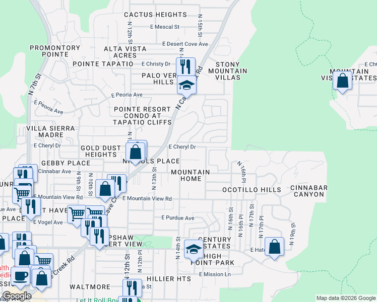 map of restaurants, bars, coffee shops, grocery stores, and more near 10401 North Cave Creek Road in Phoenix