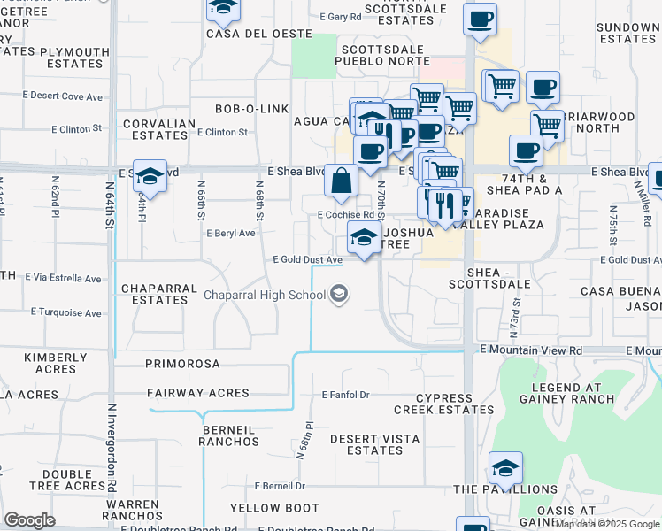map of restaurants, bars, coffee shops, grocery stores, and more near 6935 East Gold Dust Avenue in Paradise Valley