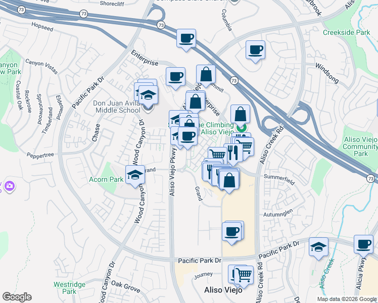 map of restaurants, bars, coffee shops, grocery stores, and more near 23 Vantis Drive in Aliso Viejo