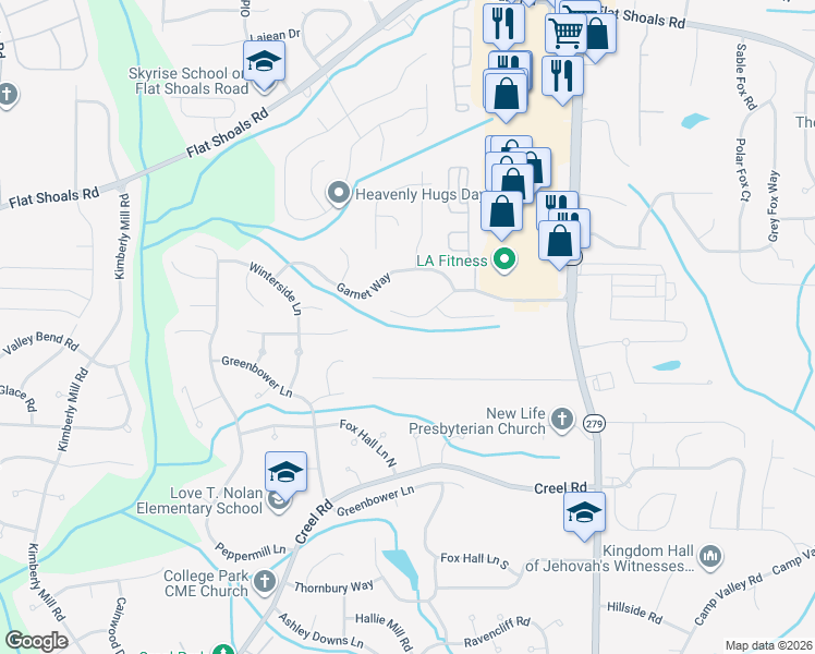 map of restaurants, bars, coffee shops, grocery stores, and more near 2715 Woodward Road in College Park