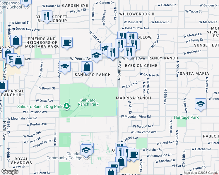 map of restaurants, bars, coffee shops, grocery stores, and more near 5959 West Brown Street in Glendale