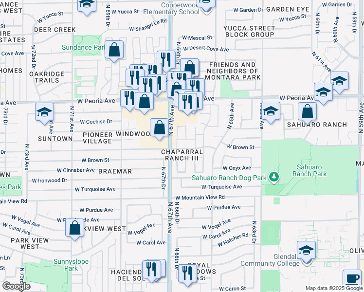 map of restaurants, bars, coffee shops, grocery stores, and more near 10223 North 66th Drive in Glendale