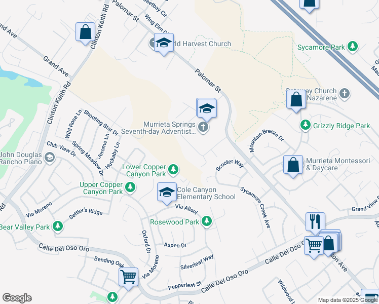 map of restaurants, bars, coffee shops, grocery stores, and more near 37143 Starbuck Circle in Murrieta