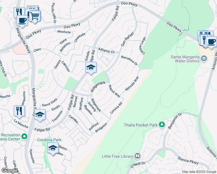 map of restaurants, bars, coffee shops, grocery stores, and more near 26466 San Torini Road in Mission Viejo