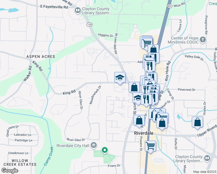 map of restaurants, bars, coffee shops, grocery stores, and more near 876 Fox Chase Lane in Riverdale