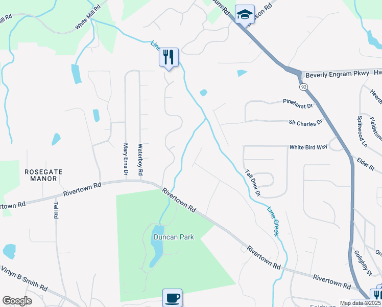 map of restaurants, bars, coffee shops, grocery stores, and more near 7062 Spruce Circle in Fairburn