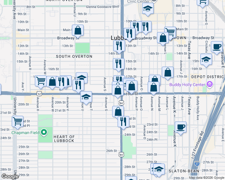 map of restaurants, bars, coffee shops, grocery stores, and more near 1708 18th Street in Lubbock
