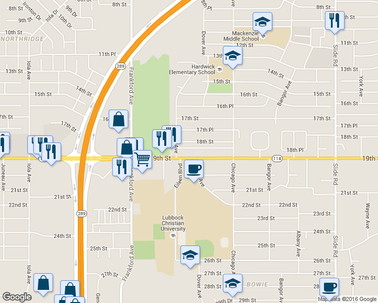 map of restaurants, bars, coffee shops, grocery stores, and more near 5541 18th Street in Lubbock