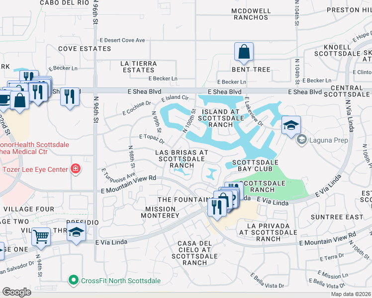 map of restaurants, bars, coffee shops, grocery stores, and more near 10102 East Topaz Drive in Scottsdale