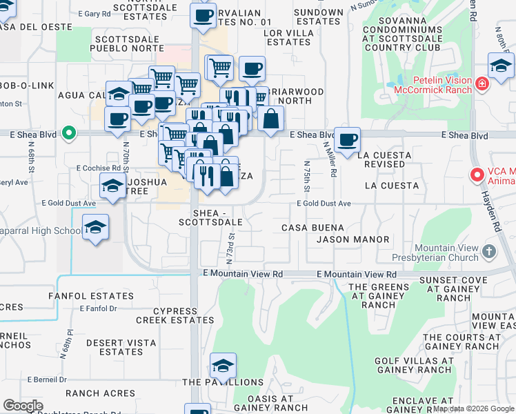 map of restaurants, bars, coffee shops, grocery stores, and more near 7370 East Gold Dust Avenue in Scottsdale