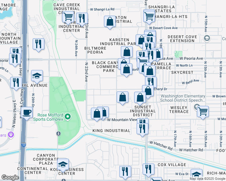 map of restaurants, bars, coffee shops, grocery stores, and more near 2122 West Cheryl Drive in Phoenix