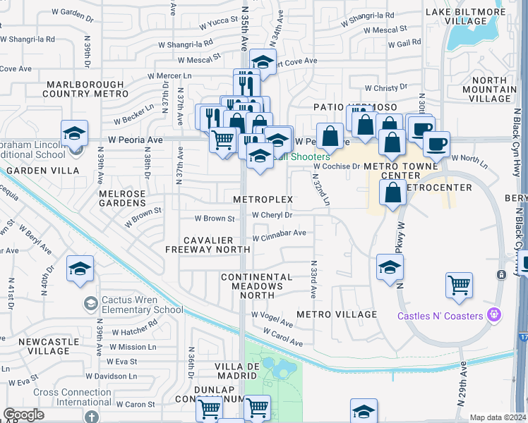 map of restaurants, bars, coffee shops, grocery stores, and more near 3404 West Cheryl Drive in Phoenix