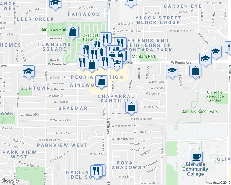 map of restaurants, bars, coffee shops, grocery stores, and more near 10223 North 66th Drive in Glendale