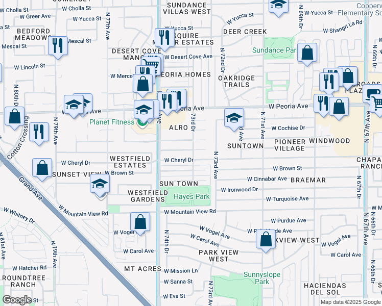 map of restaurants, bars, coffee shops, grocery stores, and more near 7395 West Comet Avenue in Peoria