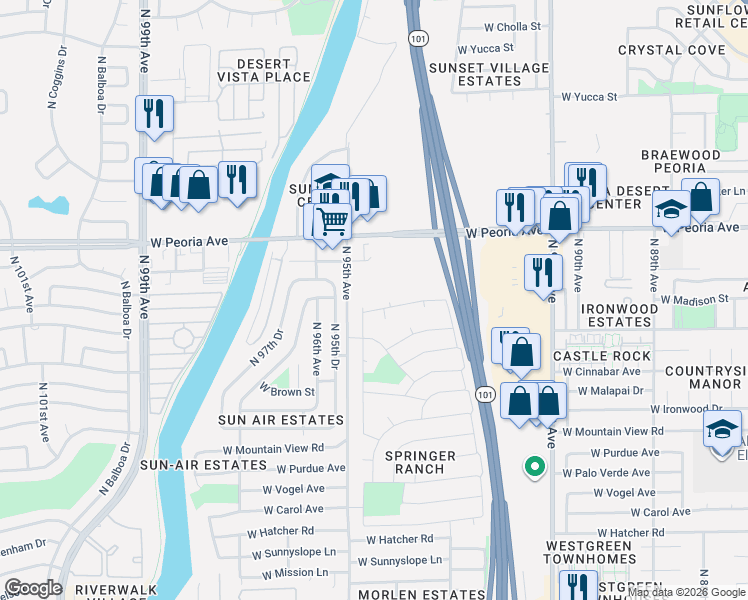 map of restaurants, bars, coffee shops, grocery stores, and more near 10317 North 94th Lane in Peoria
