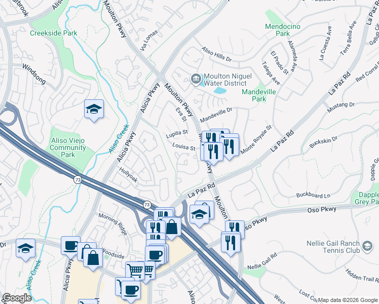 map of restaurants, bars, coffee shops, grocery stores, and more near 24342 Andrea Street in Laguna Hills