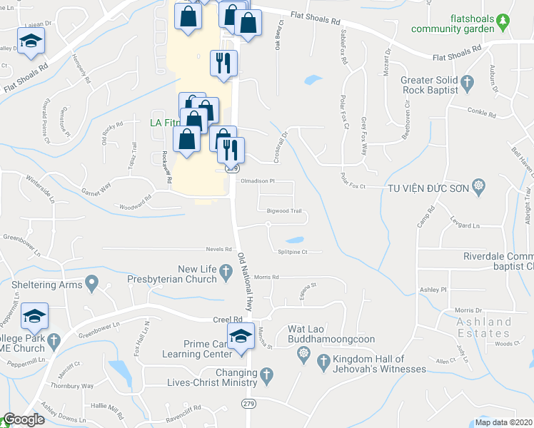 map of restaurants, bars, coffee shops, grocery stores, and more near 2235 Bigwood Trail in Atlanta