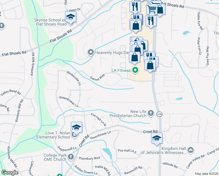 map of restaurants, bars, coffee shops, grocery stores, and more near 2715 Woodward Road in College Park
