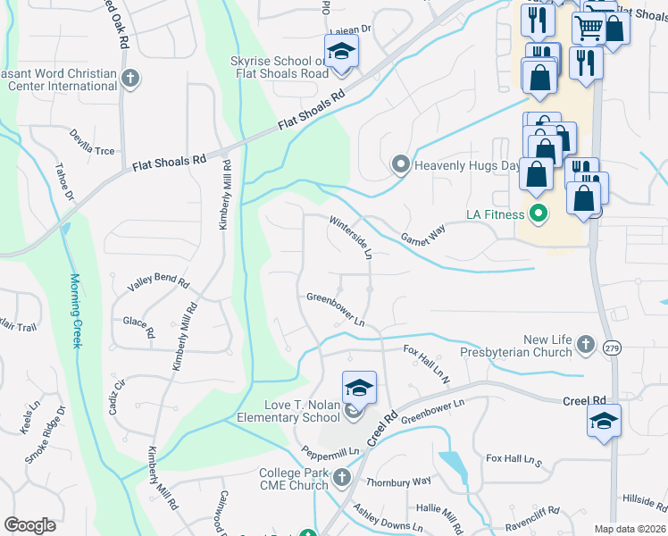 map of restaurants, bars, coffee shops, grocery stores, and more near 140 Peridot Place in College Park