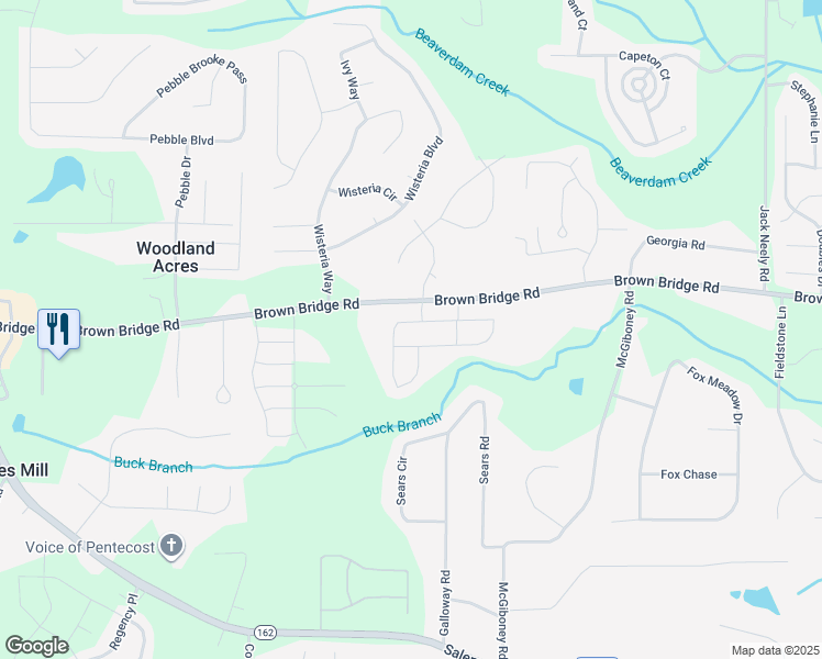 map of restaurants, bars, coffee shops, grocery stores, and more near 12427 Brown Bridge Road in Covington