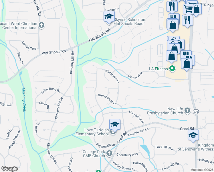 map of restaurants, bars, coffee shops, grocery stores, and more near 140 Peridot Place in College Park
