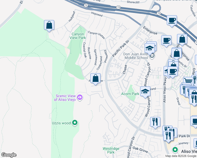 map of restaurants, bars, coffee shops, grocery stores, and more near 66 Elderwood in Aliso Viejo