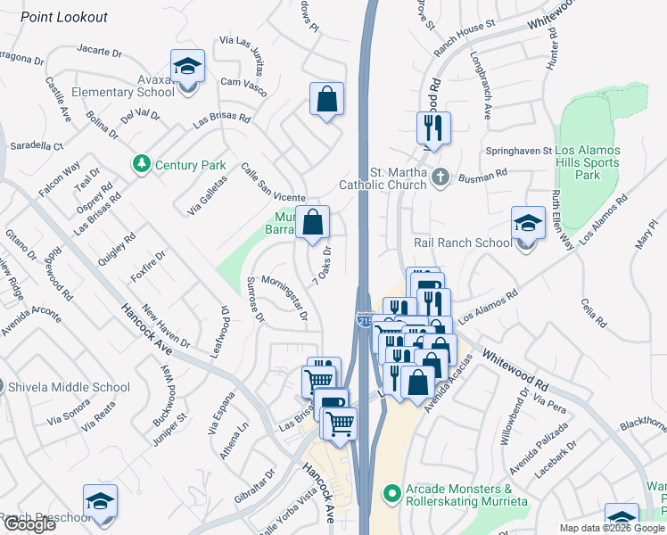 map of restaurants, bars, coffee shops, grocery stores, and more near 39528 7 Oaks Drive in Murrieta