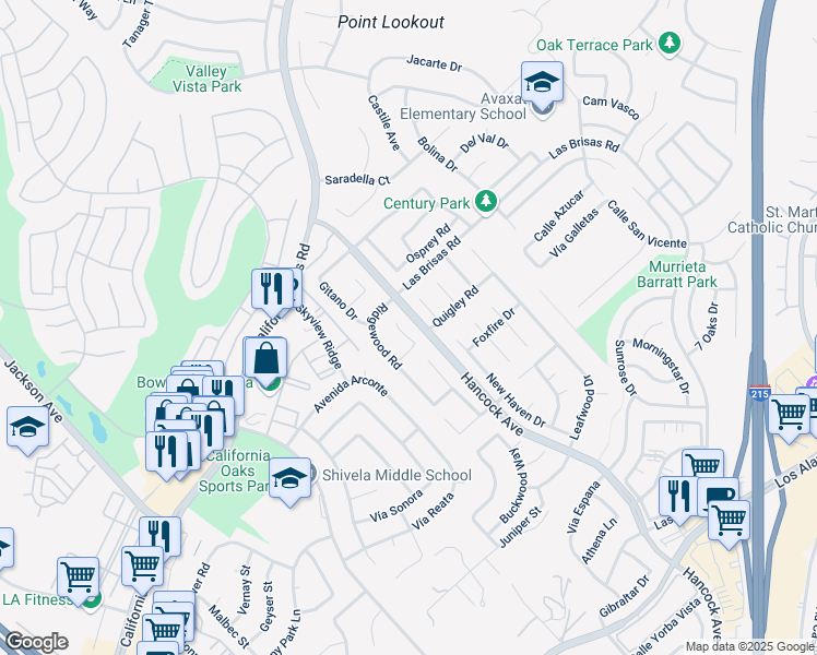 map of restaurants, bars, coffee shops, grocery stores, and more near 24392 Ridgewood Road in Murrieta