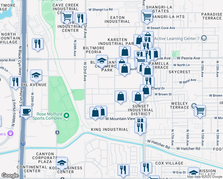 map of restaurants, bars, coffee shops, grocery stores, and more near 2121 West Cheryl Drive in Phoenix