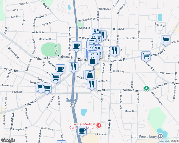 map of restaurants, bars, coffee shops, grocery stores, and more near 301 Bradley Street in Carrollton