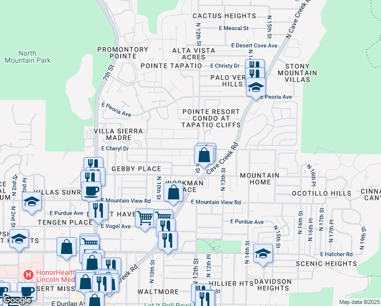 map of restaurants, bars, coffee shops, grocery stores, and more near 1148 East Cheryl Drive in Phoenix