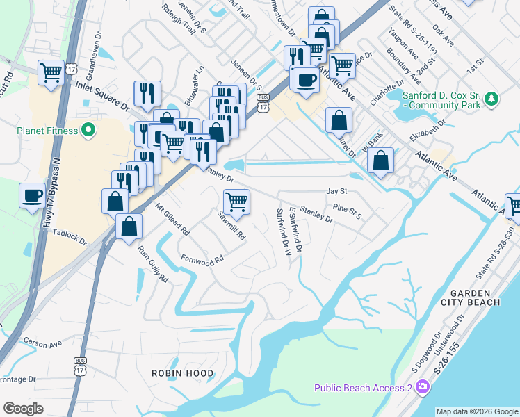 map of restaurants, bars, coffee shops, grocery stores, and more near 389 Stanley Drive in Murrells Inlet