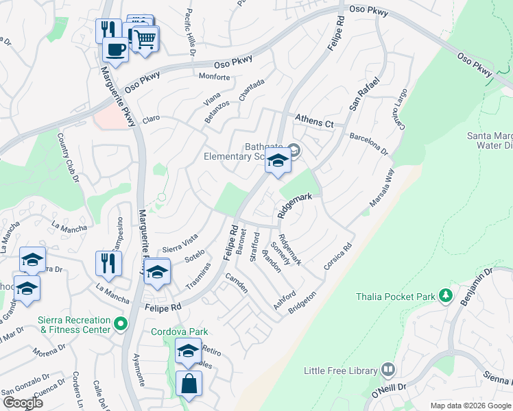 map of restaurants, bars, coffee shops, grocery stores, and more near 26467 Portola in Mission Viejo