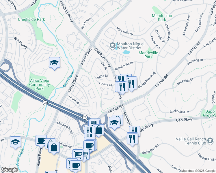 map of restaurants, bars, coffee shops, grocery stores, and more near 24361 Conejo in Laguna Hills