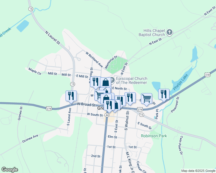map of restaurants, bars, coffee shops, grocery stores, and more near 101 West North Street in Greensboro