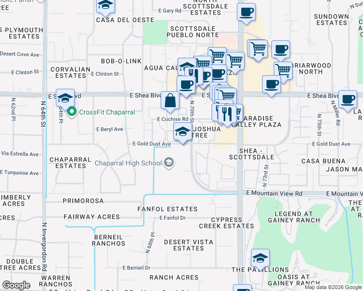 map of restaurants, bars, coffee shops, grocery stores, and more near 6935 East Gold Dust Avenue in Paradise Valley