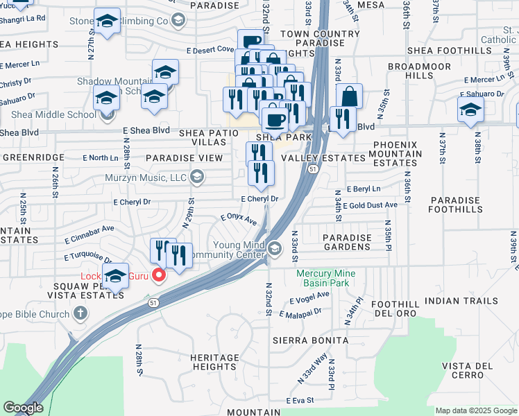 map of restaurants, bars, coffee shops, grocery stores, and more near 10030 North 32nd Street in Phoenix